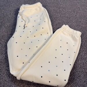 Jolie & Joy Rhinestone Embellished Joggers M Cream Studded Fleece Sweatpants